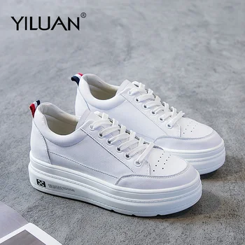 

Genuine Leather Platform Breathable Sneakers women shoes Black Increase 7cm basic 2020 Autumn White Casual Shoes woman Student