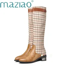 Клетчатые Лоскутные женские сапоги до колена с острым носком; женские сапоги для верховой езды в стиле ретро с пряжкой и молнией; сапоги для верховой езды; большие Size32-46; MAZIAO