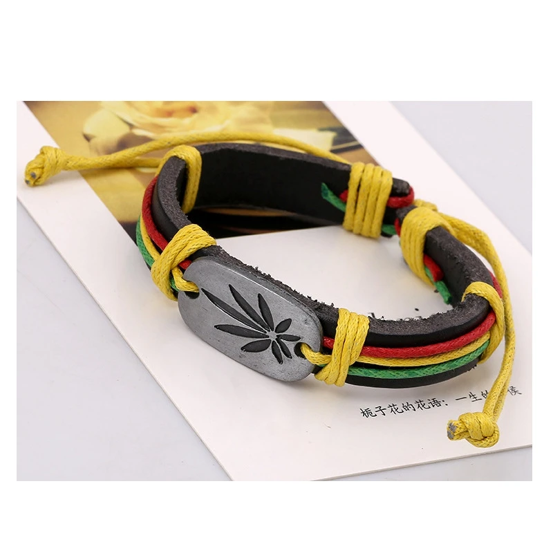 Hot Jamaica Style Colorful Fashionable Bracelet Leather Charm Bracelet Carved Weed Herb Leaf Reggae Jewelry Cheap Gift, TCN280