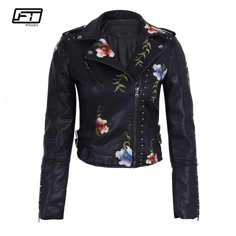 

Fitaylor Women Faux Leather Jacket Floral Print Embroidery Pu Motorcycle Coat Turn-down Collar Short Black Punk Biker Outerwear
