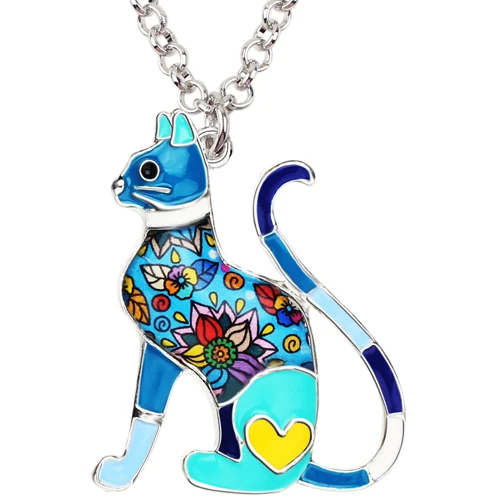 Bonsny Enamel Alloy Elegant Floral Kitten Cat Necklace Pendant Collar Fashion Animal Jewelry For Women Girl Lady Pet Lovers Gift - Окраска металла: Blue