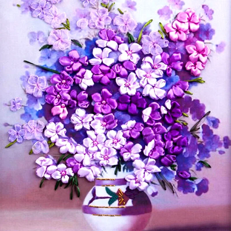 

60X 50cm Beautiful flowers vase New hot needlework 3d cross stitch kit Unfinished Ribbon embroidery painting fashion Home decor