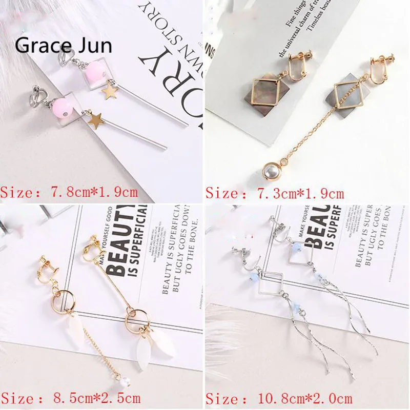

2018 New Clip on Earrings No Pierced for Women Fashion Long Geometric Shape Rhinestone Crystal Shell Bead Ear Clip Wholesale