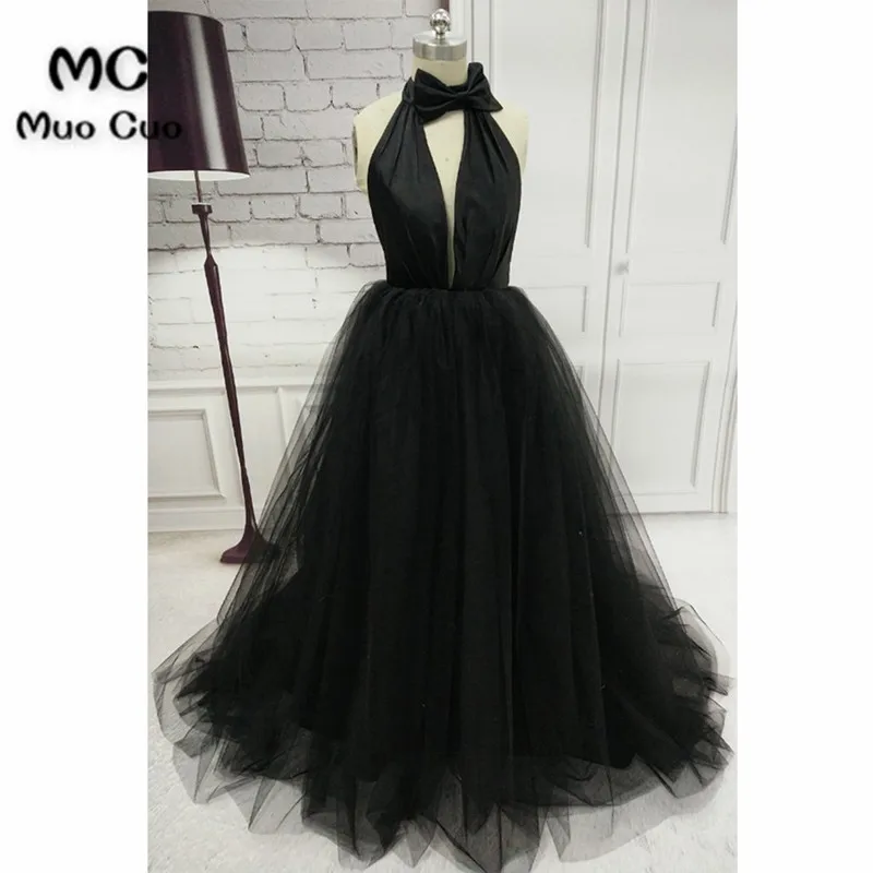 Simple black tulle backless long evening dress, long tulle party dress