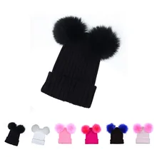 Женская зимняя вязаная шерстяная шапка с двойным помпоном, повседневная Шапка-бини, теплая шапка, широкий берет-Боб