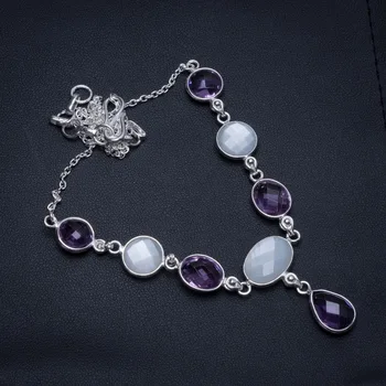 

Natural Amethyst and Cat Eye Handmade Boho 925 Sterling Silver Y-Shaped Necklace 18" S3421