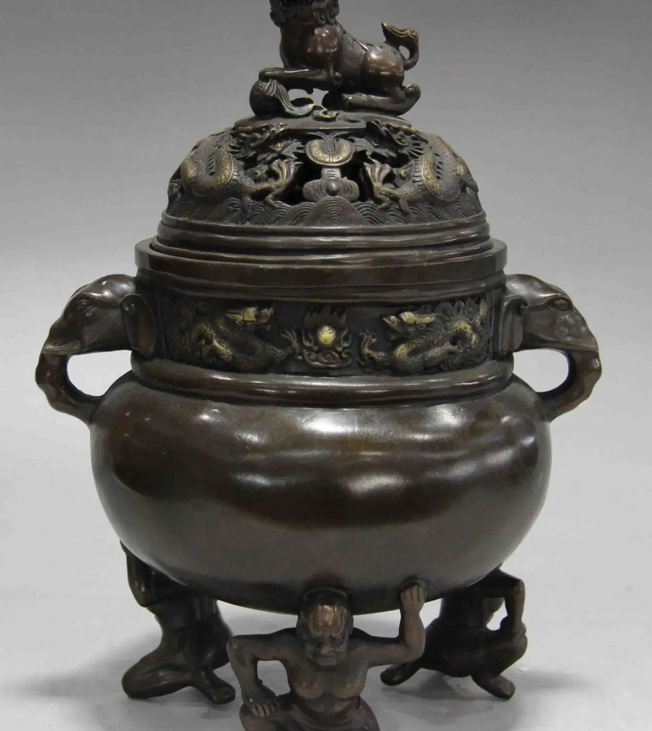 

China Royal Copper Bronze Three strength God Foo Dog Lion Censer incense burner