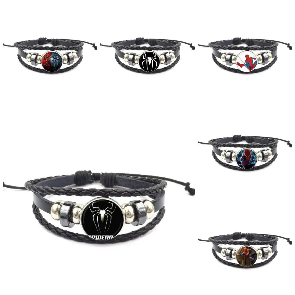

EJ Glaze Christmas Jewelry Glass Cabochon Black Leather Bracelet Bangle For Women Party Gift Spiderman