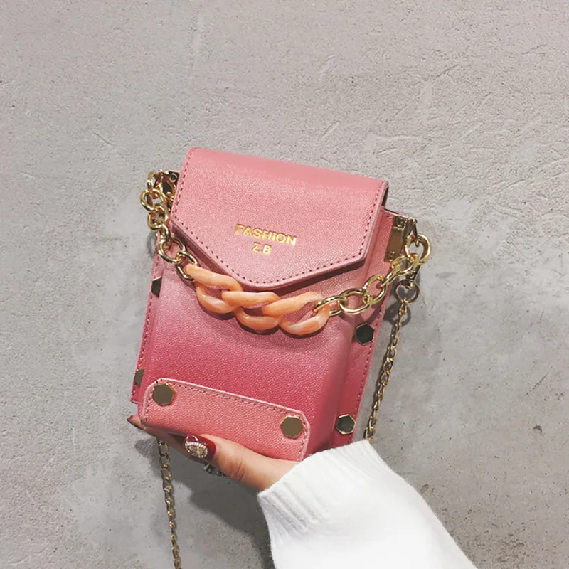 

Fashion 2019 Women Gradient Chain Small Square Bags Rivets Shoulder Messsenger Bag Girls Famous Women Designer Handbags