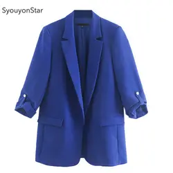 Syouyonstar женский Блейзер Куртка 2019 повседневные синие блейзеры осеннее Женское пальто офисная куртка