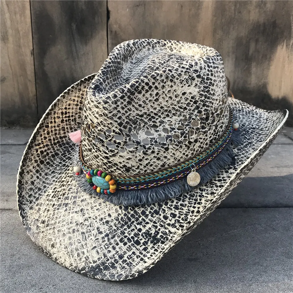 Женская Соломенная полая ковбойская шляпа в западном стиле, элегантная дамская шляпа с кисточками Sombrero Hombre, шляпа-чародей, Солнцезащитная шляпа в ковбойском стиле