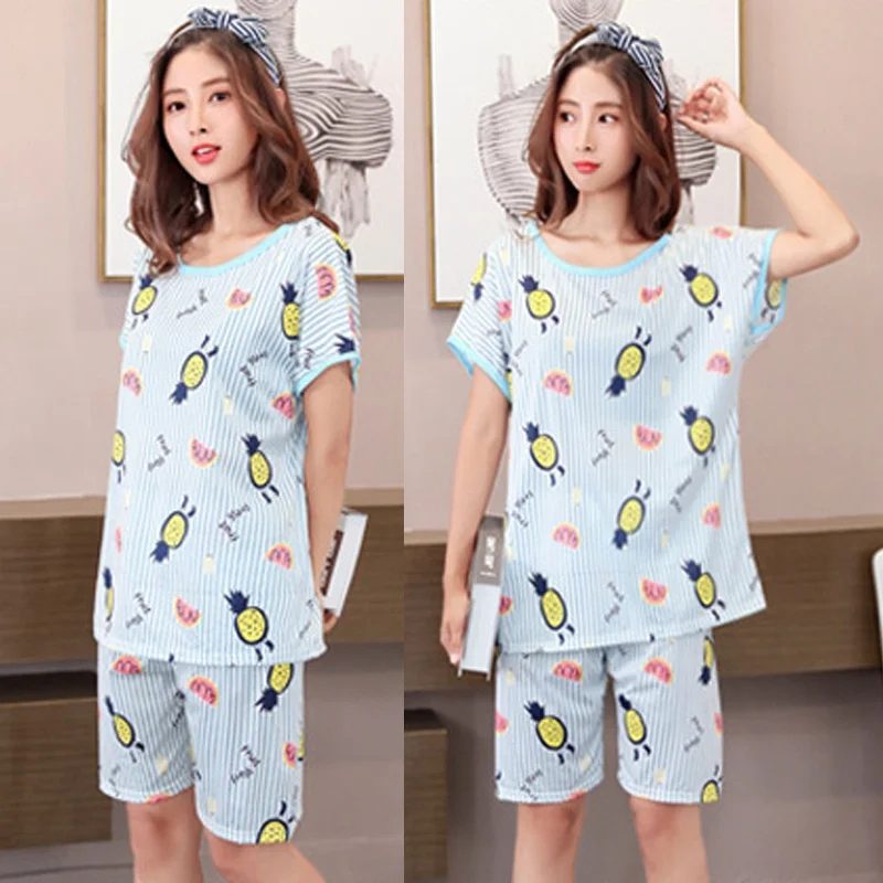 Корейский стиль мультфильм печати 2 шт. комплект шорты эластичный пояс свободные Домашняя одежда Пижамы 2019 молочного шелка для женщин пижам