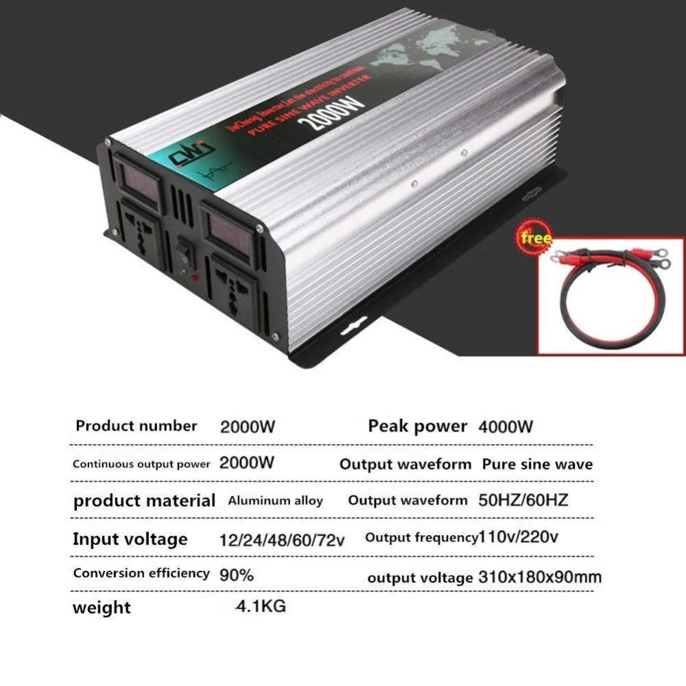 

CNIKESIN 2000W Power Inverter 12V DC To 110V 220V 230V AC Converter Pure Sine Wave Solar Power Inverter For Home, Car, Outdoor