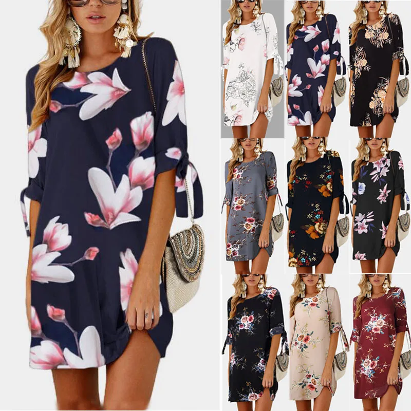 

2019 Hot Women Retro Floral Print Half Sleeve O-Neck Long Tops Dress for Summer CGU 88