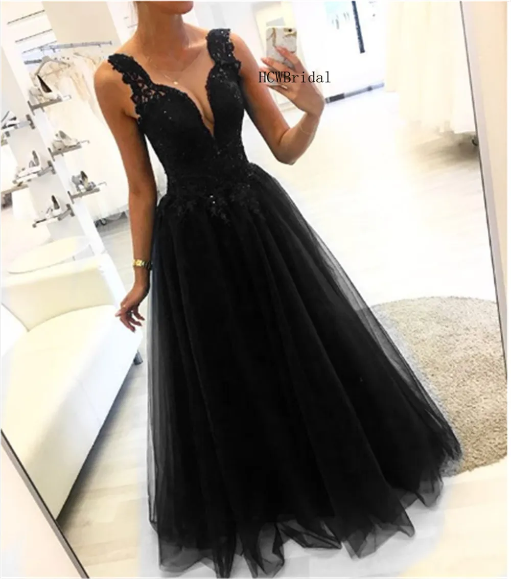 

Elegant Black Tulle Long Evening Dress 2019 Appliques A Line Floor Length High Quality Prom Gowns Custom Made Vestido De Fiesta