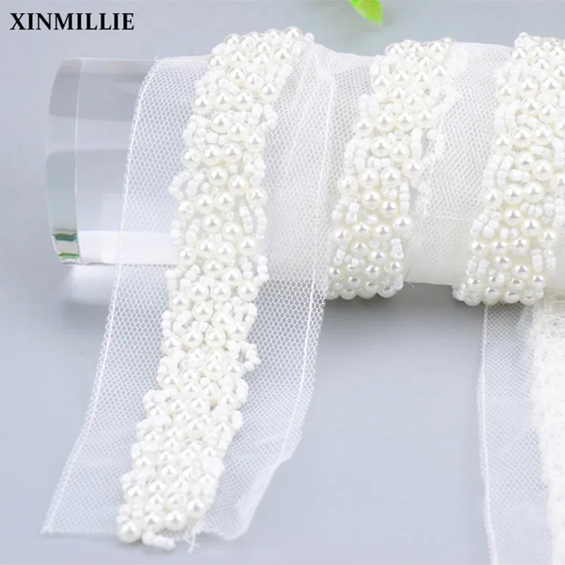 DIY Sewing Applique Pearls Beaded Lace Trim Ribbon Wedding Dress Decor Craft