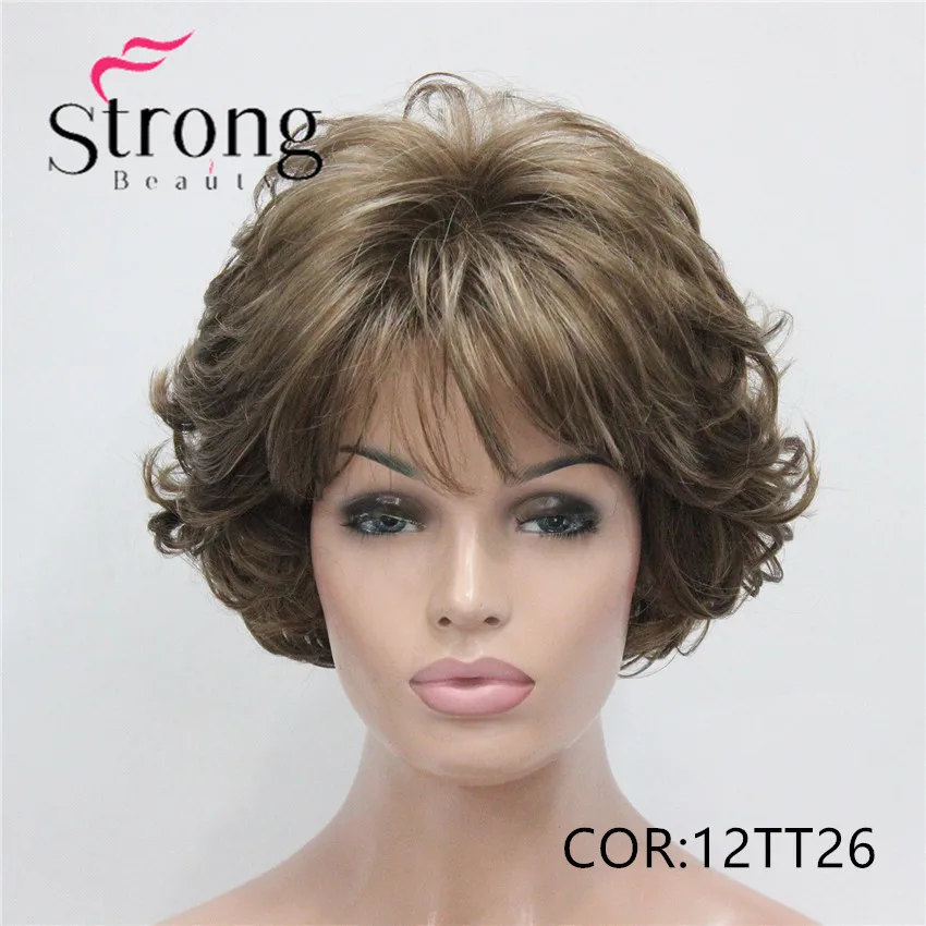 E-7125 #12TT26 New Wavy Curly Wig Light Brown Mix Blonde Short Synthetic Hair Full Women`s Wigs (1)_