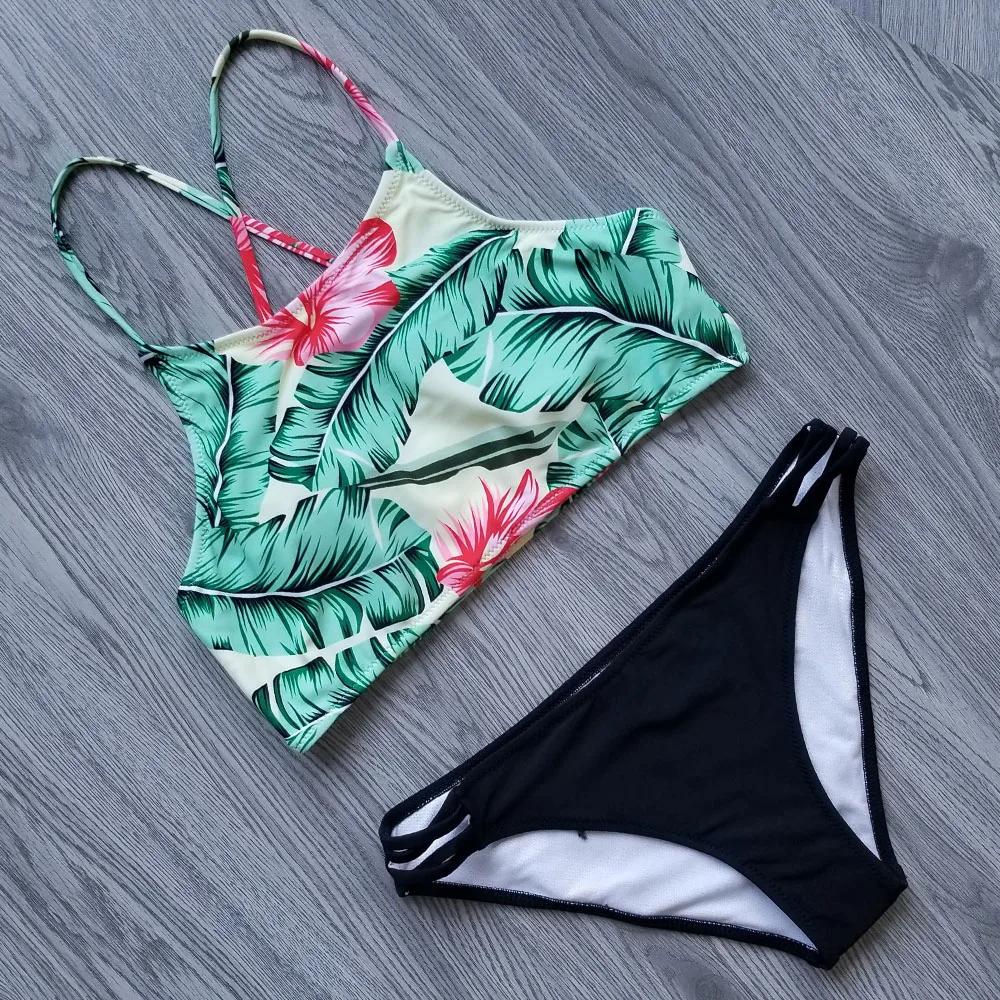 

2019 New High Neck Bikinis Women Swimwear Push Up Swimsuit Print Leaves Bikini Set Biquini Bathing Suit Swim Wear Beach Female