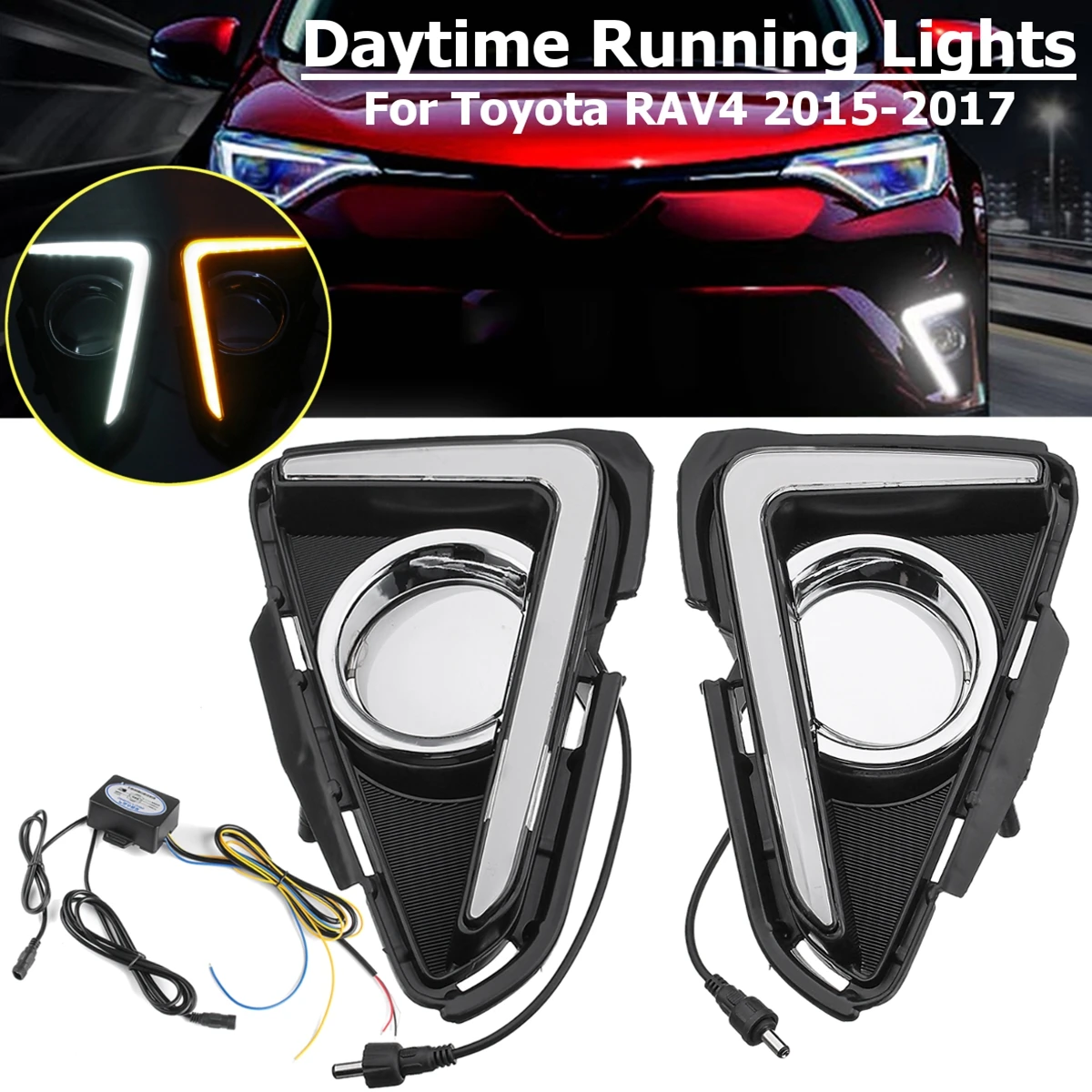 

1 Pair LED Daytime Running Light Yellow Turning Signal Waterproof ABS 12V Car DRL With Fog Lamp Hole For Toyota RAV4 2016 2017
