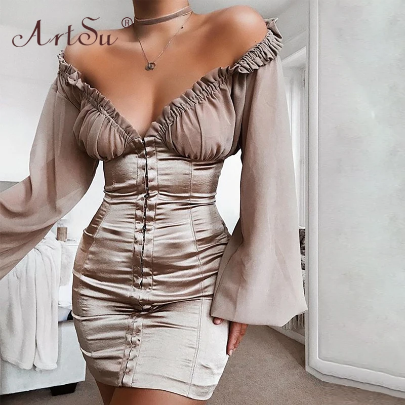 

ArtSu Celebrity Sexy Off Shoulder Ruffle Party Dress Women Summer Puff Sleeve Patchwork Mesh Bodycon Dresses Festival Vestidos