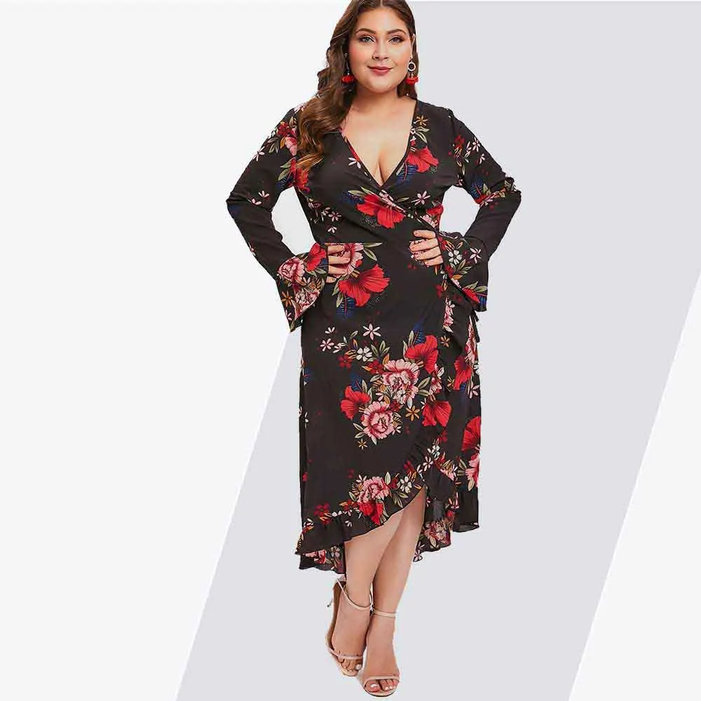 Rosegal Plus Size Floral Print Ruffled Boho Midi Dress Women Spring ...