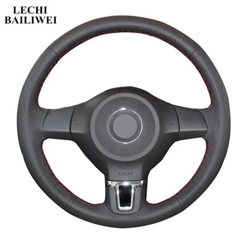 Прошитый вручную черный кожаный чехол на руль для Volkswagen Golf 6 Mk6 VW Polo MK5 2010 2011 2012 2013