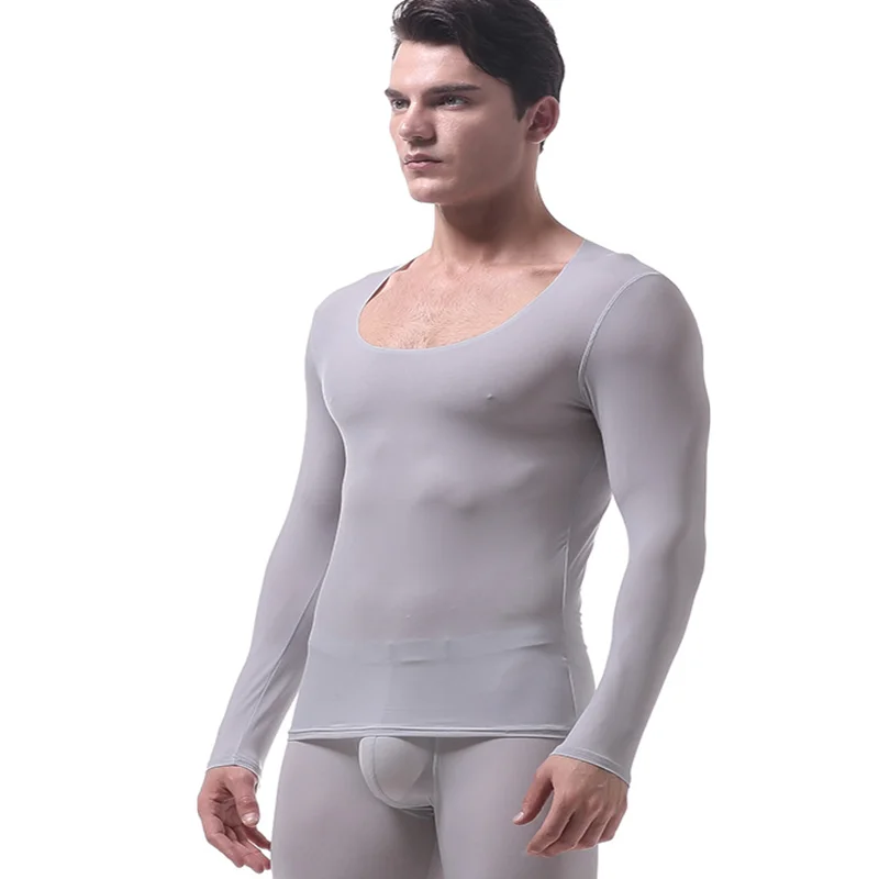 Men Underwear Super Thin Ice Silk Seamless Men Autumn Shirts U Pouch Bag Translucent Sexy Long Johns(not Include Pants)