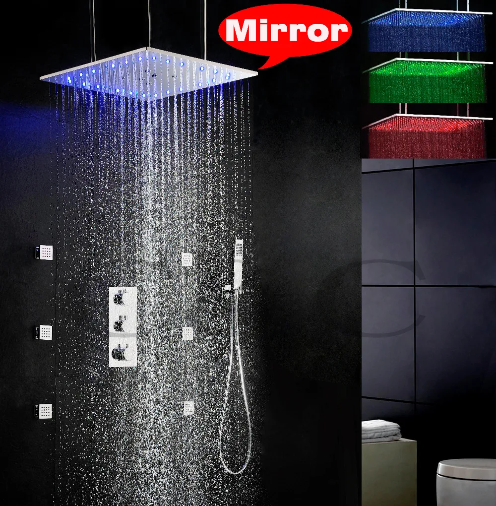 

Thermostatic Bathroom LED Shower Faucet Set Ceil Mounted 3 Colors LED Temperature Sensitive Swash And Rain Shower Head