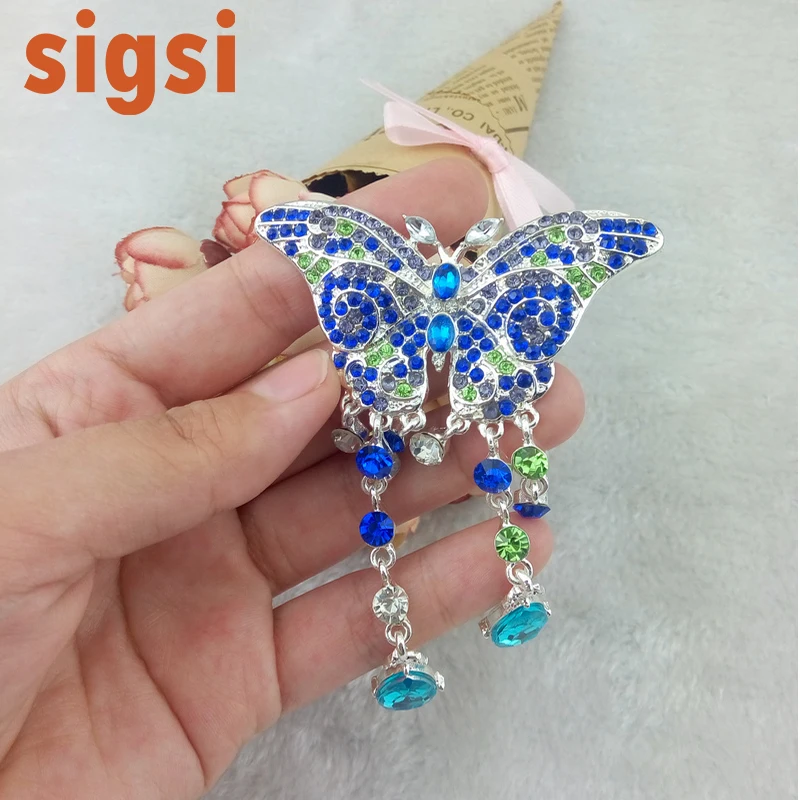 

100pcs fashion 60mm elegant fancy colourful butterfly rhinestone crystal brooch pin for wedding invitation/party/gift