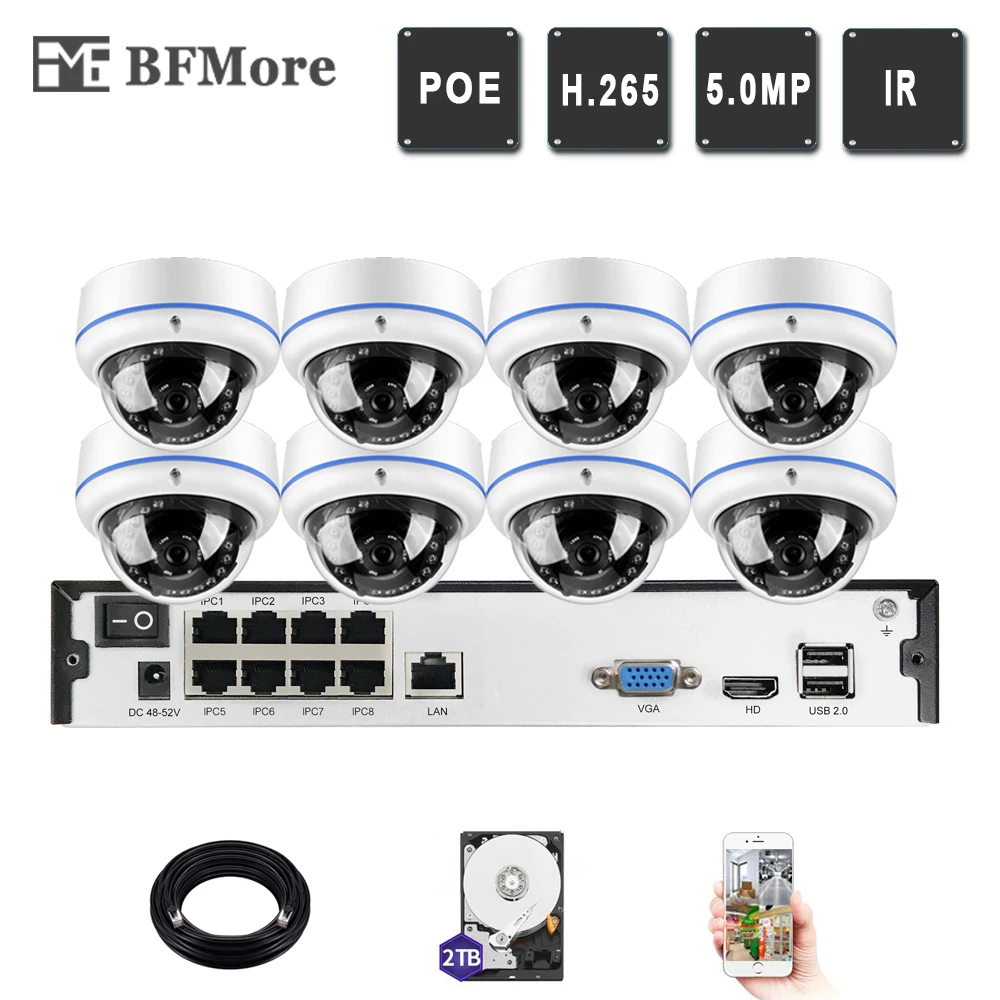 BFMore 8ch 5.0MP 4.0MP Dome POE Kit H.265+ H.265 System CCTV Security NVR IP Camera Set Indoor IR Night Vision Surveillance P2P |