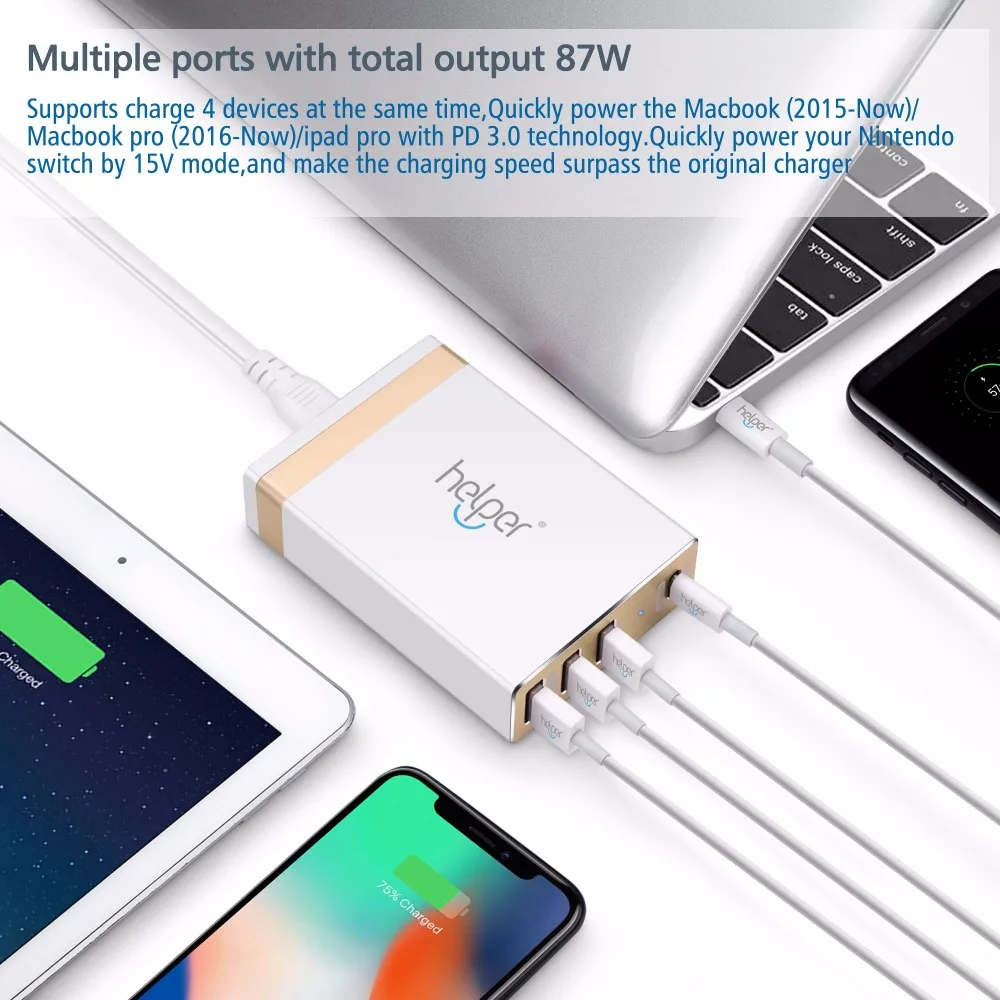 USB-C Тип-C PD3.0 QC4+ Зарядное устройство 87W 4-Порты дорожная смарт-Настольный Зарядное устройство для ноутбука и мобильного телефона, подходит для 45w 61w 65 Вт и выше