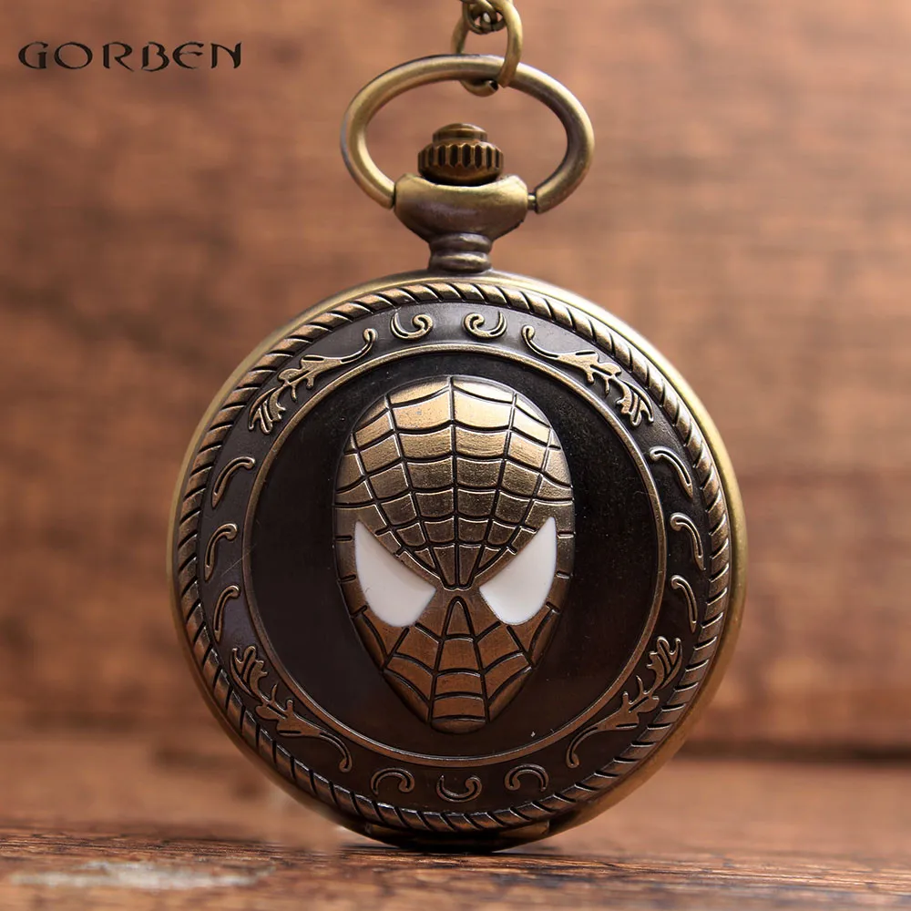 Винтаж Ретро паук дизайн ретро карманные часы с FOB цепочки и ожерелья цепь супер герой Человек-паук вентиляторы кварцевые карманные часы мужские подарки