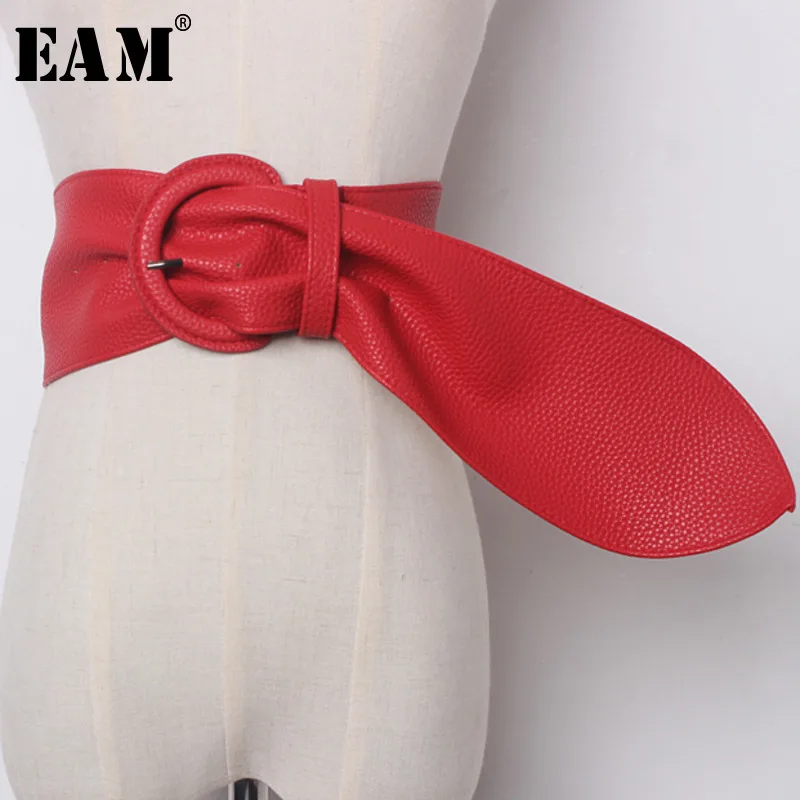 

[EAM] 2019 New Spring Solid Color Black Red PU Leather Brief Long Wide Belt Women Fashion Tide All-match JE13601