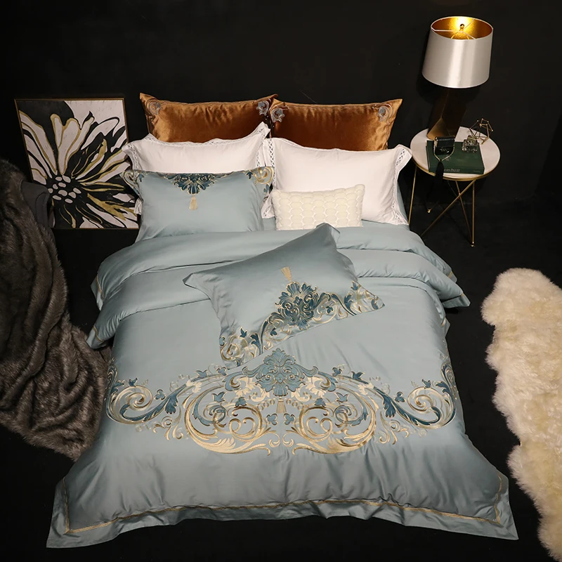 

New Product green Color 4 Pcs Bedding Set egyptian cotton Bedclothes Embroidery Blue Bed Linens Duvet Cover Set Bed Sheet
