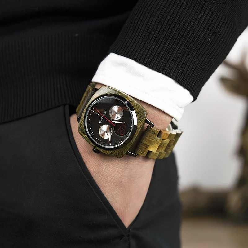 Bobo Bird Custom Wood Watch Classic Square Dial Luxury Men Quartz Wristwatches in Wooden Box dropshipping