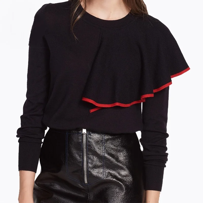 

Red Black Contrast Color Ruffles Sweater Woman Casual O Neck Long Sleeve Patchwork Pullovers Tops 2018 Wool Knitted Sweaters