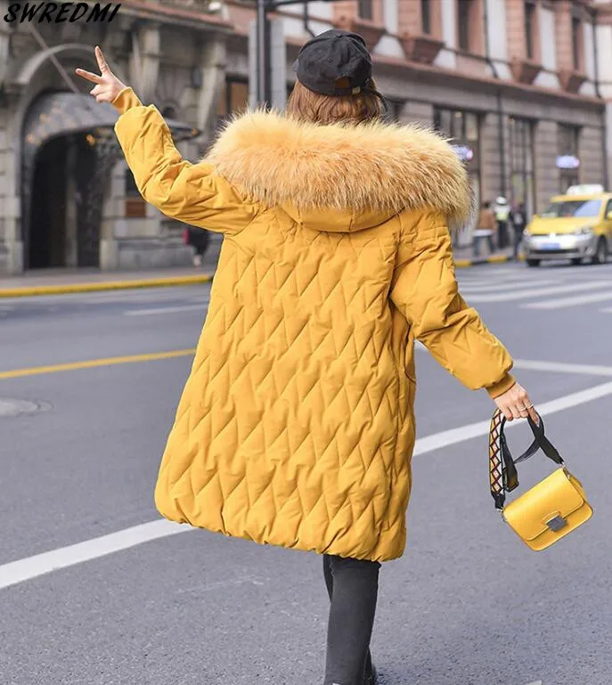 Цвет: желтый SWREDMI X-Long Winter Coat Women Thickening Warm Parkas Female Large Fur Collar Wadded Jacket Coat Loose Clothing Lady - Цвет: Цвет: желтый