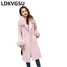 Шерстяное Женское пальто Осень Зима Новое двубортное с поясом воротник из искусственного меха отстегивается женское одноцветное длинное шерстяное пальто Is1089