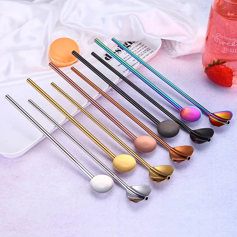 1 Pcs Long Straw Spoon Colorful 304 Stainless Steel Reusable Drinking