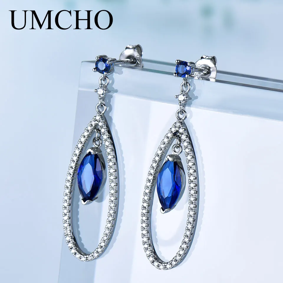 

UMCHO Genuine 925 Sterling Silver Jewelry Marquise Created Nano Blue Color Sapphire Drop Earrings For Women Birthday Gift Charms