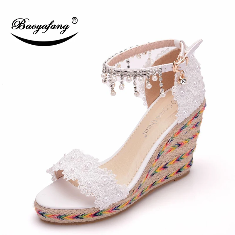 

Women's Summer Fashion Lace Beaded Fish Mouth Slope-heel Sandals Size Size White Slope-heel Sandals One-word Buckle Wedding Shoe