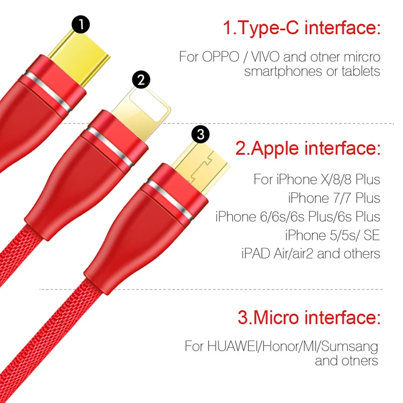 NOHON 3 в 1 USB кабель 8pin Micro type C для Apple iPhone 8X7 6 6S Plus samsung Xiaomi Nokia Быстрая зарядка USB провод