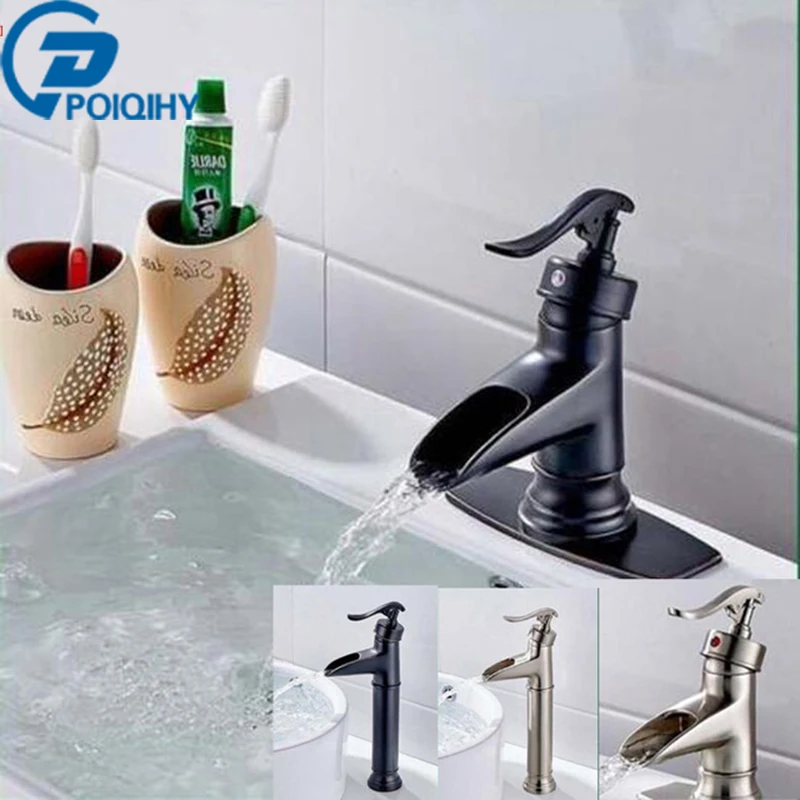 

POIQIHY ORB/brushed Basin Sink Faucet Waterfall Single Handle Vanity Sink Mixer Taps Deck Mounted Basin Bathroom Faucet