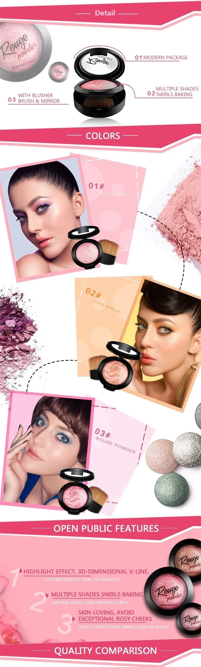 Blush com Espelho Beleza Rosto Maquiagem Marca Flamingo Feltro Blush Escova Bochecha Sedoso 3 Cores Baked Bronzer 3010x 4 cores Blush Baked Bronzer Blush 3010x
