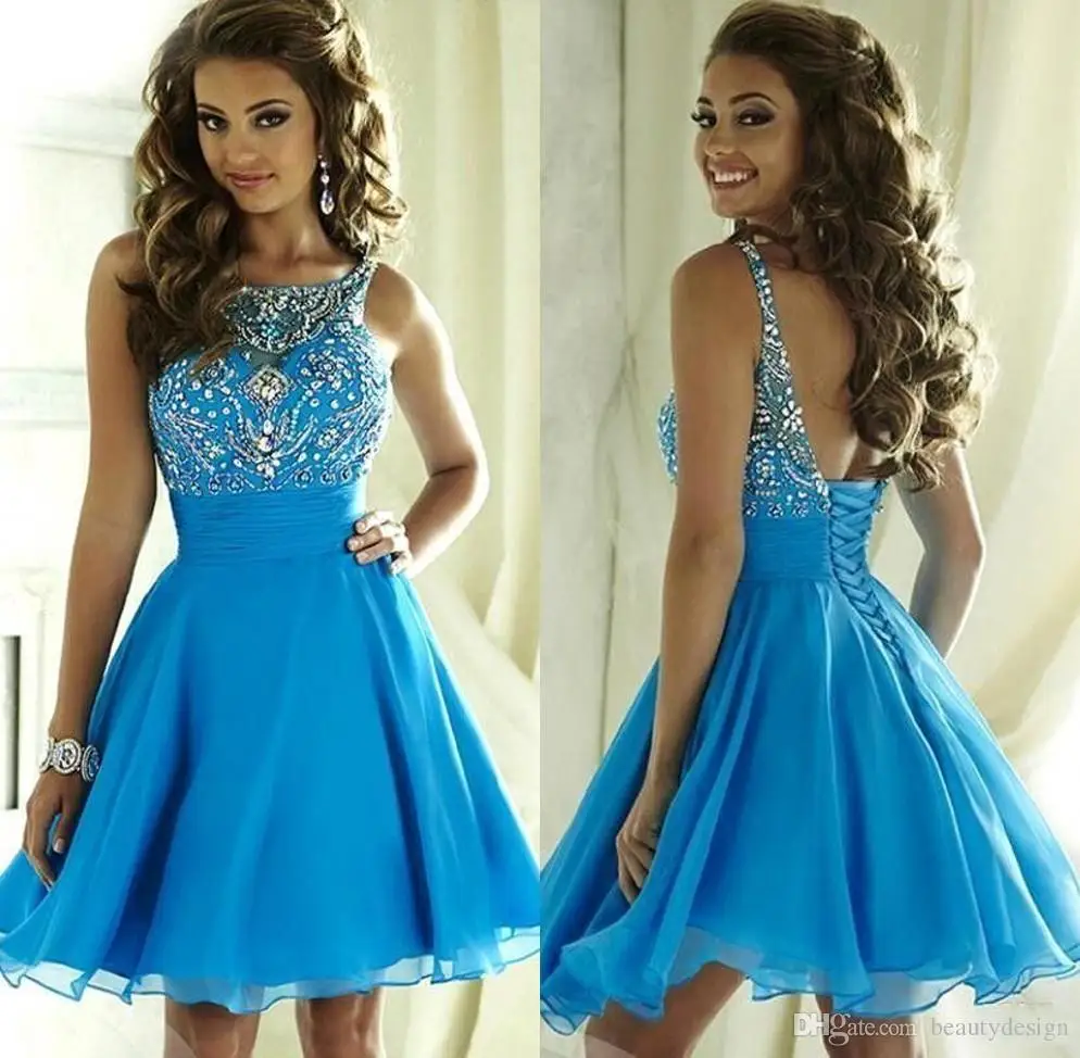 Little Short Sky Blue Chiffon Crystal Beaded Sweet 16 Homecoming Dresses 2017 Backless Cocktail Dresses Corset