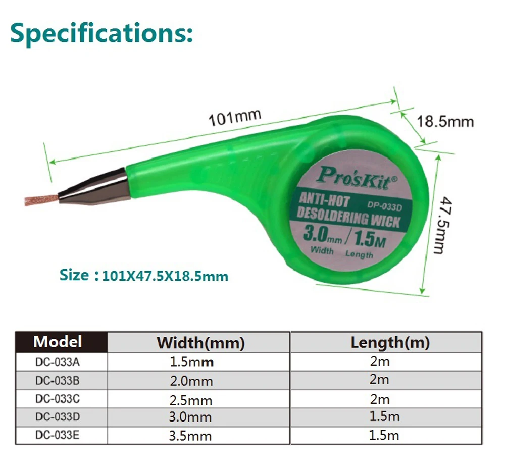 1 шт. Pro'sKit DP-033A/B/C/D/E новый анти-горячий осушитель BGA паяный фитиль медная проволочная оплетка для удаления припоя 1,5 мм 2 мм 2,5 мм 3 мм