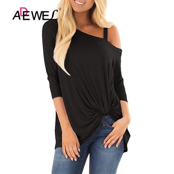 

ADEWEL Women Shirt Long Sleeve Casual Solid Irregular Kinky Top Summer Office Lady t shirt Basic Tops Tee Camisetas Mujer Manga