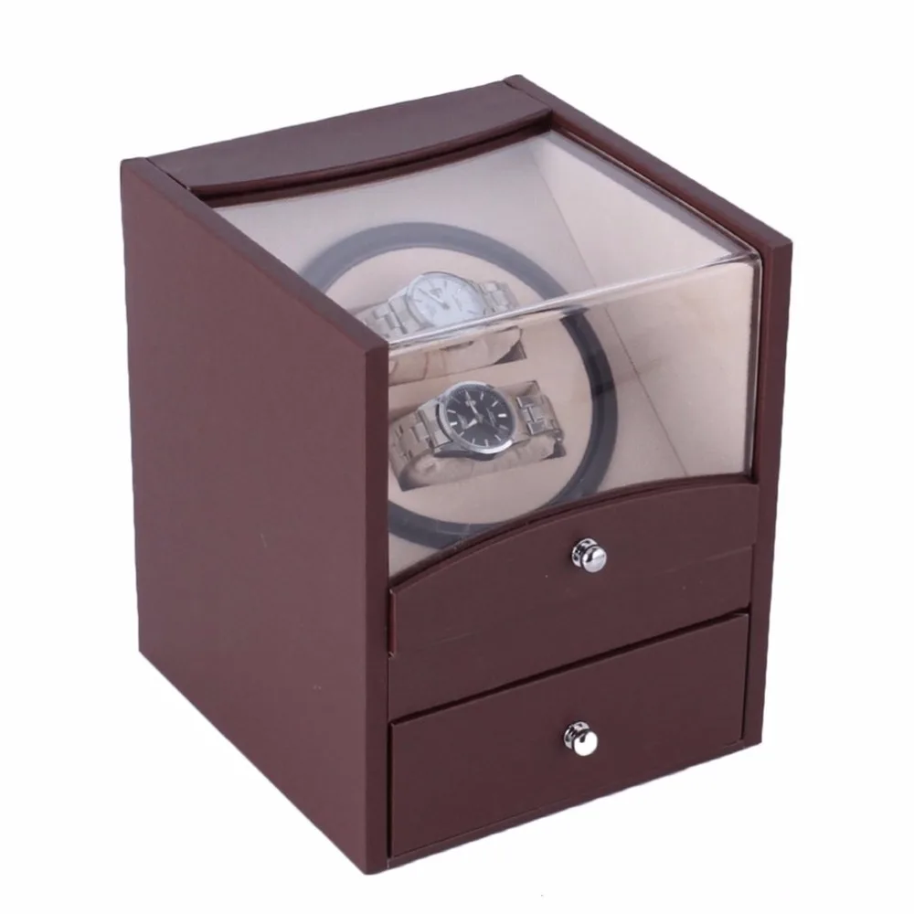 

US Plug 2 Grids Auto Rotation Watch Box Brown Transparent Cover Winder Casket Cuboid Shape Wristwatch Box With Drawer New