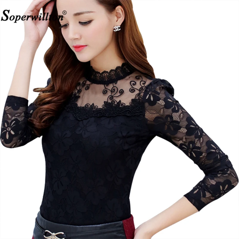 Женская блузка с длинным рукавом кружевом|women blusas|blusas fashionblusas plus |