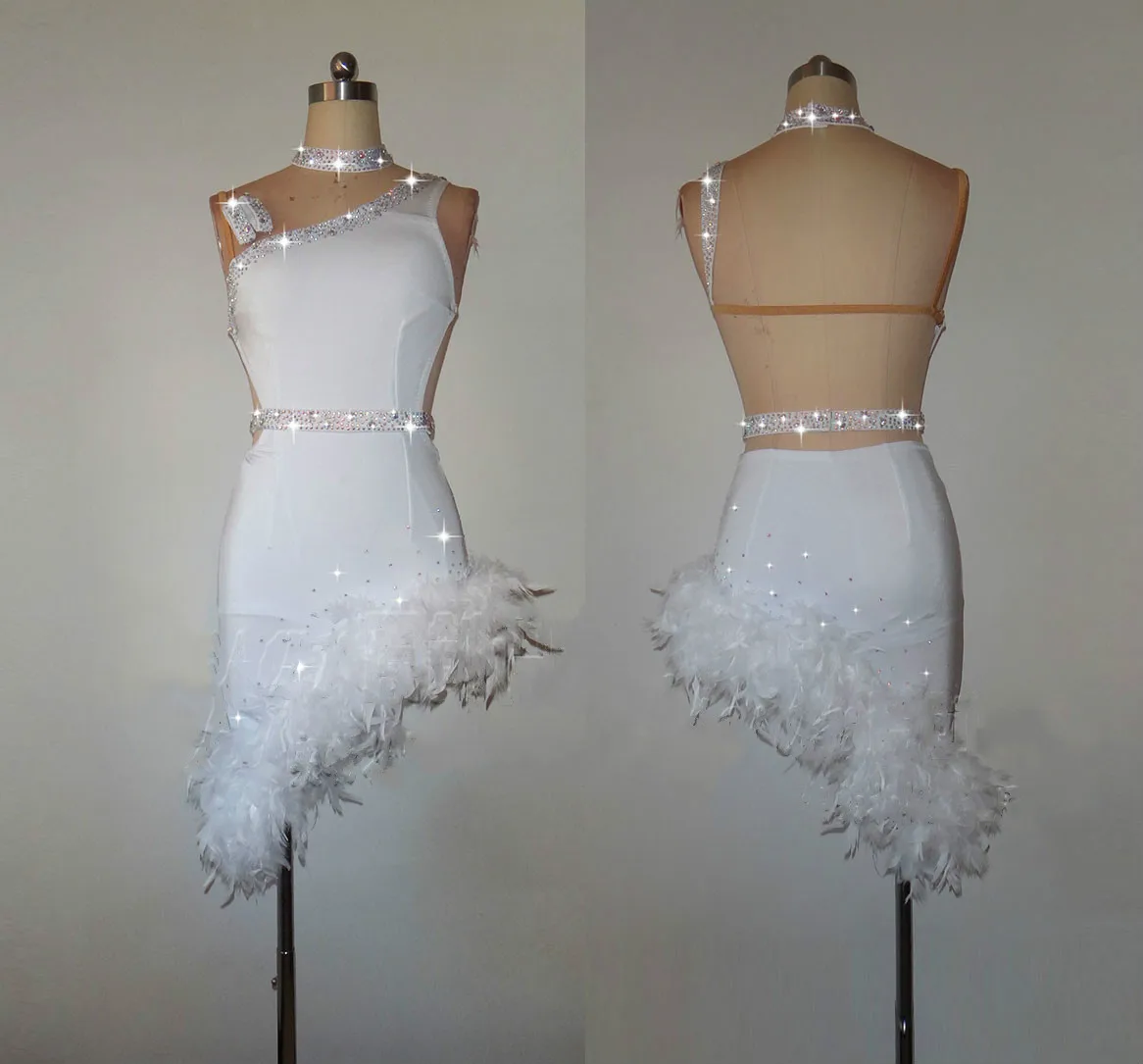 

White Feather Latin Dance Dress For Women High-end Custom Shiny Rhinestones Stage Ballroom Compete Feminine Costumes